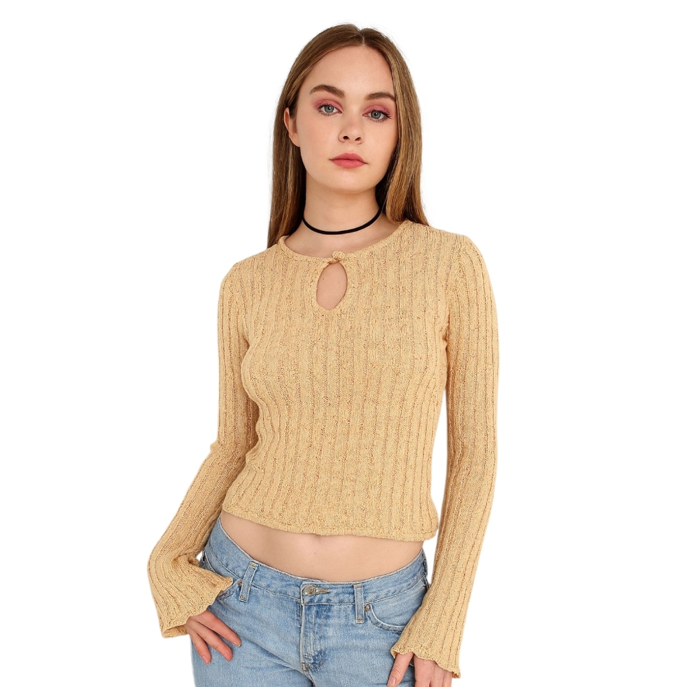 ROUTE 66 Y2K Ribbed Knit Sweater Keyhole Cutout Flared sleeve Butter yellow M